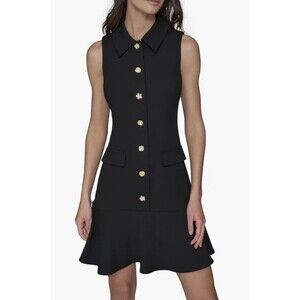 Karl Lagerfeld Paris Ruffle Hem Dress Black Flower Buttons - Size 12 (L)